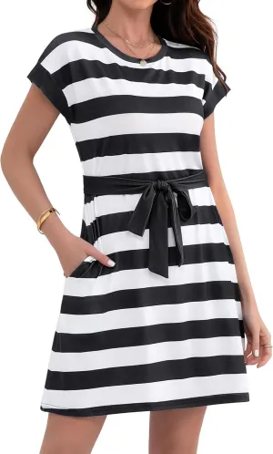 Women's Summer Dresses 2025 Striped Cap Sleeve T Shirt Crewneck Casual Dress A Line Tie Waist with Pockets