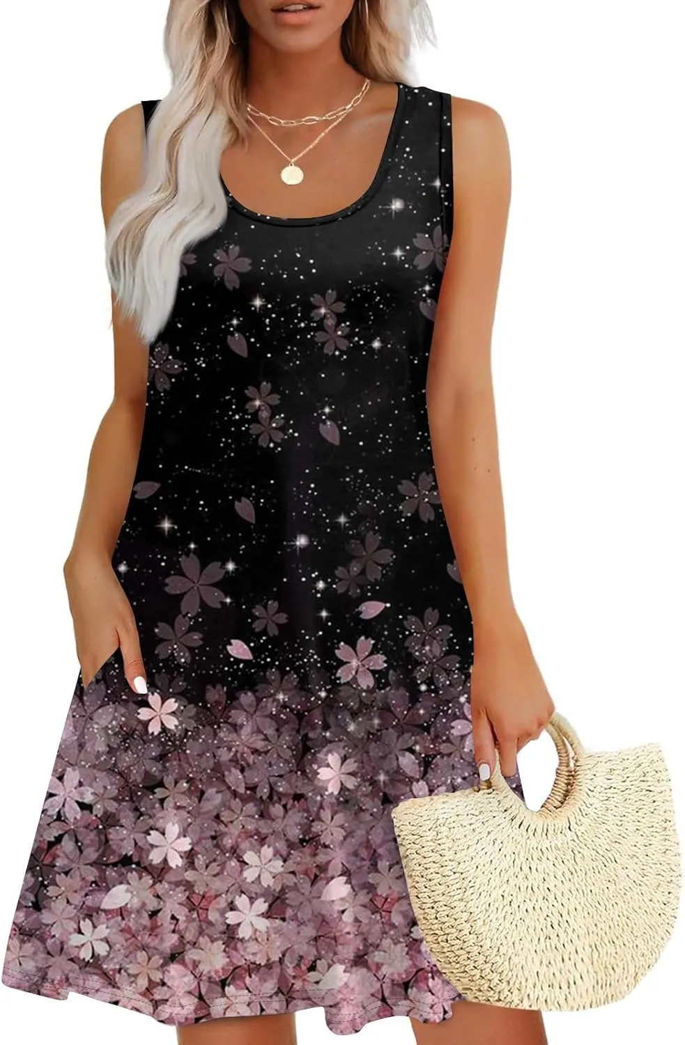 Womens Summer Dresses Casual Tshirt Tank Dresses Prited Loose Sleeveless Mini Dress Flowy Sundresses with Pockets