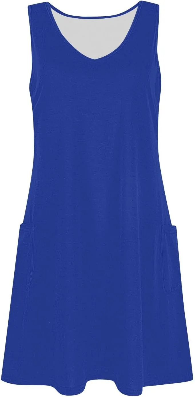 Womens Summer Dresses Trendy V Neck Sleeveless Sun Dresses Boho Tank Dress Casual Loose Fit Beach Dress with Pockets