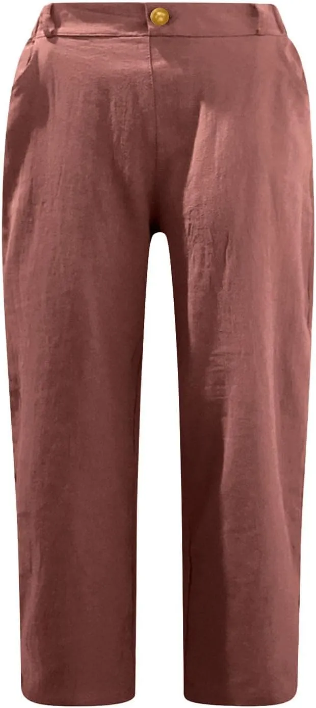Women's Summer Flowy Linen Palazzo Wide Leg Pants Plus Size High Waist Pant High Slit Trousers with Pockets