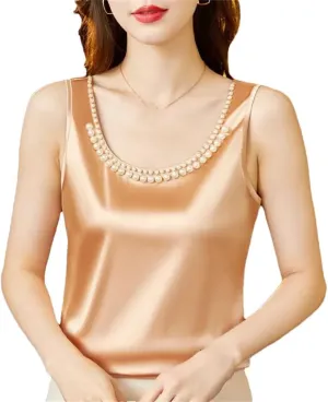 Women's Summer Solid Color Round Neck Beading Sleeveless Tops Fashion Loose All-Match Pullover Tanks Camisole