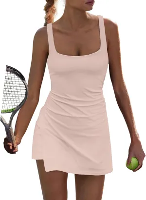 Womens Tennis Dress with Built in Shorts Square Neck Racerback Athletic Dress Workout Golf