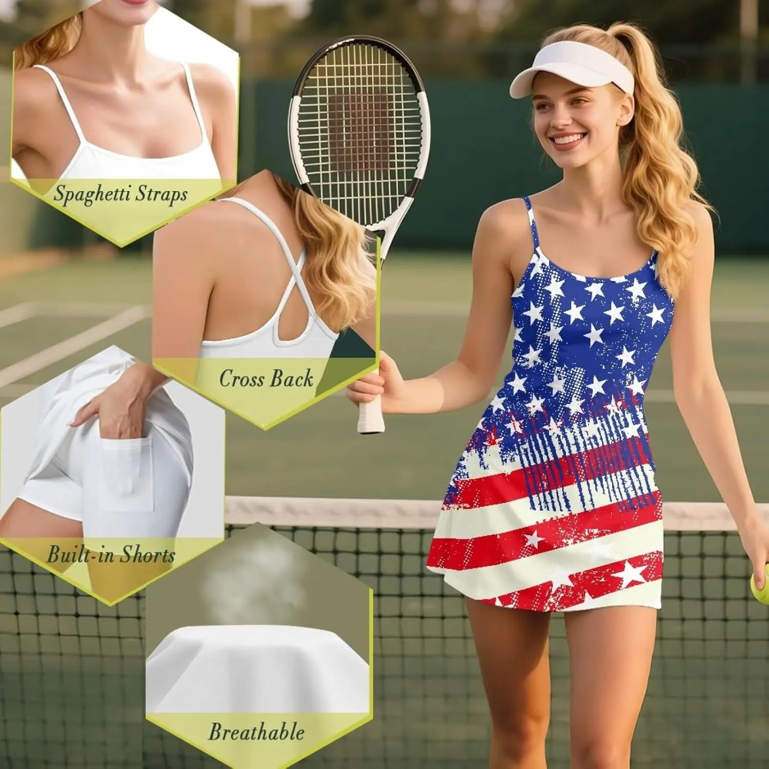 Women's Tennis Dress with Built-in Shorts Workout Backless Golf Activewear Exercise Dresses with Pockets