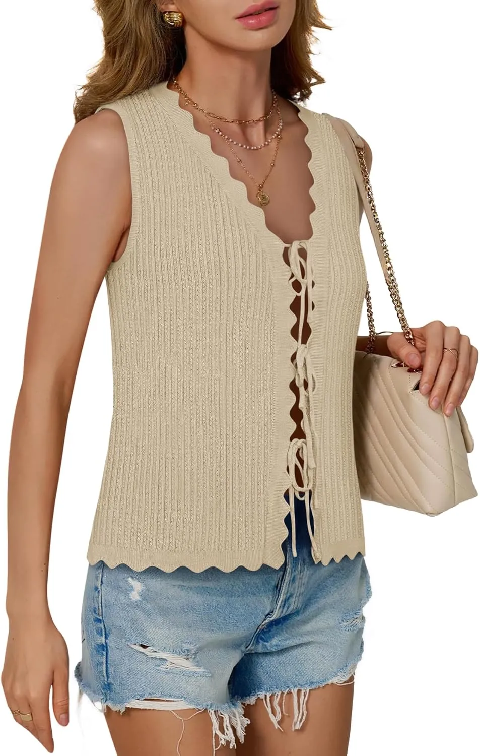 Womens Tie Front Tops Trendy 2025 Summer V Neck Sleeveless Sweater Vests Fashion Cute Crochet Knit Tops