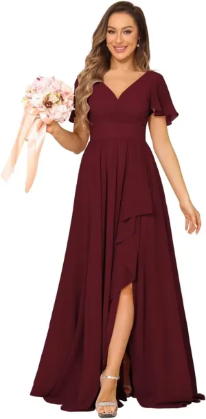 Women's V Neck Chiffon Bridesmaid Dresses with Pockets Pleated Aline Formal Evening Dresses with Slit 2025 RO008X