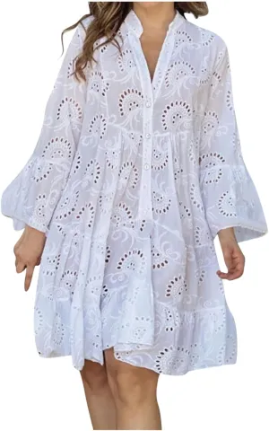 Women's V Neck Lace Crochet Puff Long Sleeve Ruffle Hem Loose Summer Flowy Mini Dress Plus Size Casual Swing Dresses