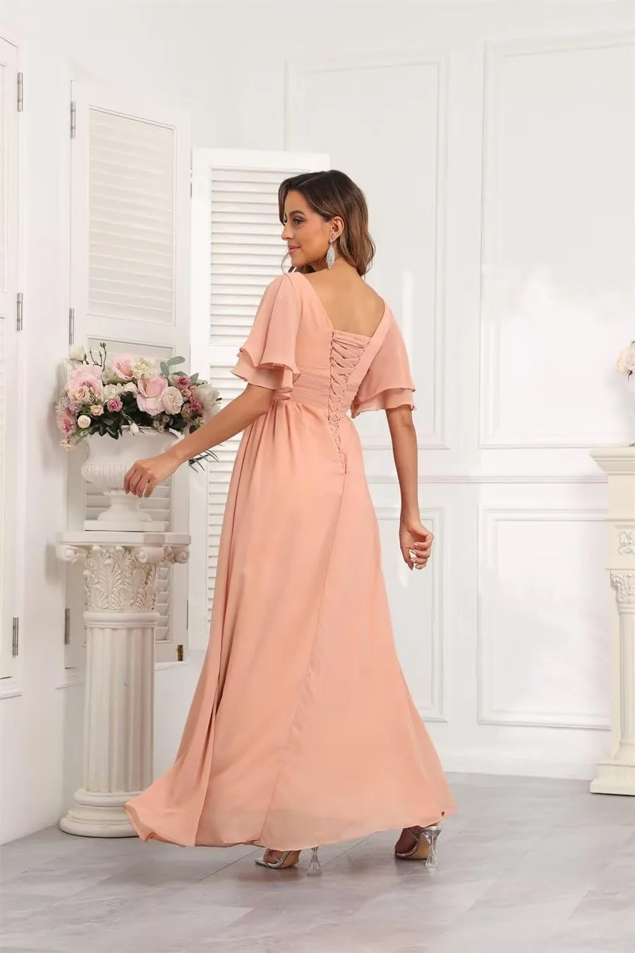 Women's V Neck Short Sleeve Bridesmaid Dresses for Wedding Ruffled Chiffon Evening Formal Gown