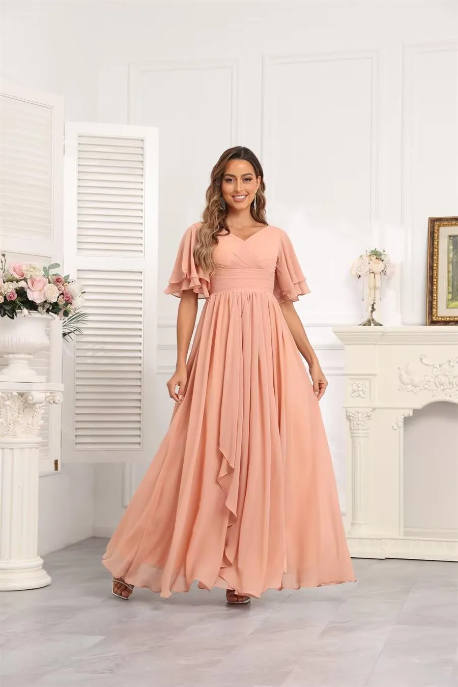 Women's V Neck Short Sleeve Bridesmaid Dresses for Wedding Ruffled Chiffon Evening Formal Gown