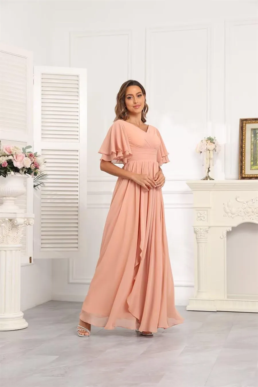 Women's V Neck Short Sleeve Bridesmaid Dresses for Wedding Ruffled Chiffon Evening Formal Gown