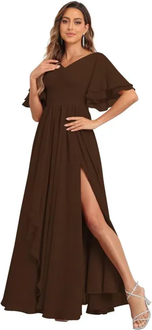 Women's V Neck Short Sleeve Bridesmaid Dresses for Wedding Ruffled Chiffon Evening Formal Gown