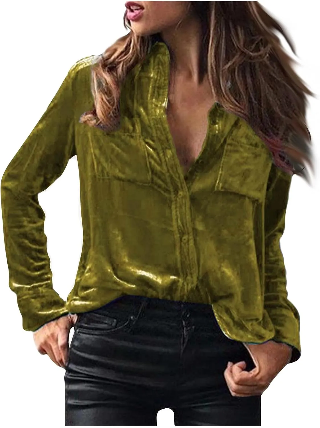 Women's Velvet Button Dwon Shirts Solid Color Lapel Long Sleeved Gold Velvet Shirt Tops Velour T Shirt