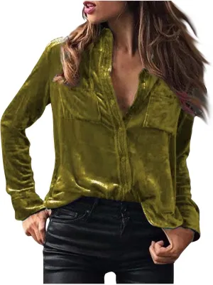 Women's Velvet Button Dwon Shirts Solid Color Lapel Long Sleeved Gold Velvet Shirt Tops Velour T Shirt