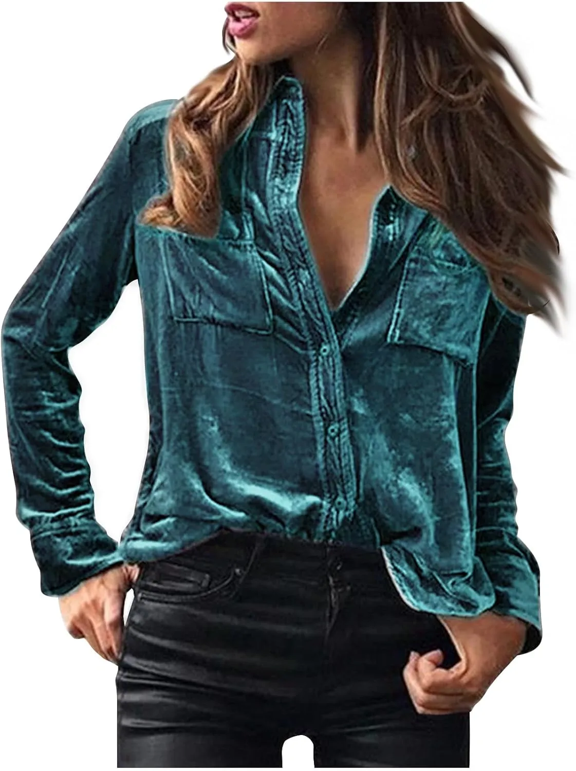 Women's Velvet Button Dwon Shirts Solid Color Lapel Long Sleeved Gold Velvet Shirt Tops Velour T Shirt
