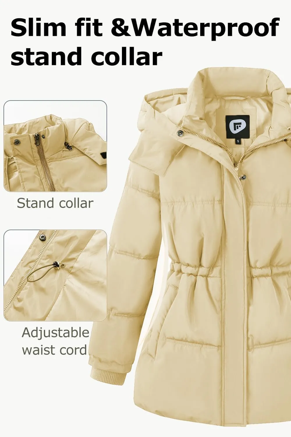 Women's Winter Warm Puffer Coat Cropped Slim Fit Down Jacket with Removable Hood Long Sleeve Lightweight Coats