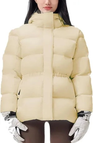 Women's Winter Warm Puffer Coat Cropped Slim Fit Down Jacket with Removable Hood Long Sleeve Lightweight Coats