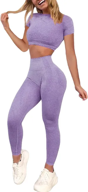Women's Workout Outfit 2 Pieces Seamless High Waist Yoga Leggings with Long Sleeve Crop Top Gym Clothes Set