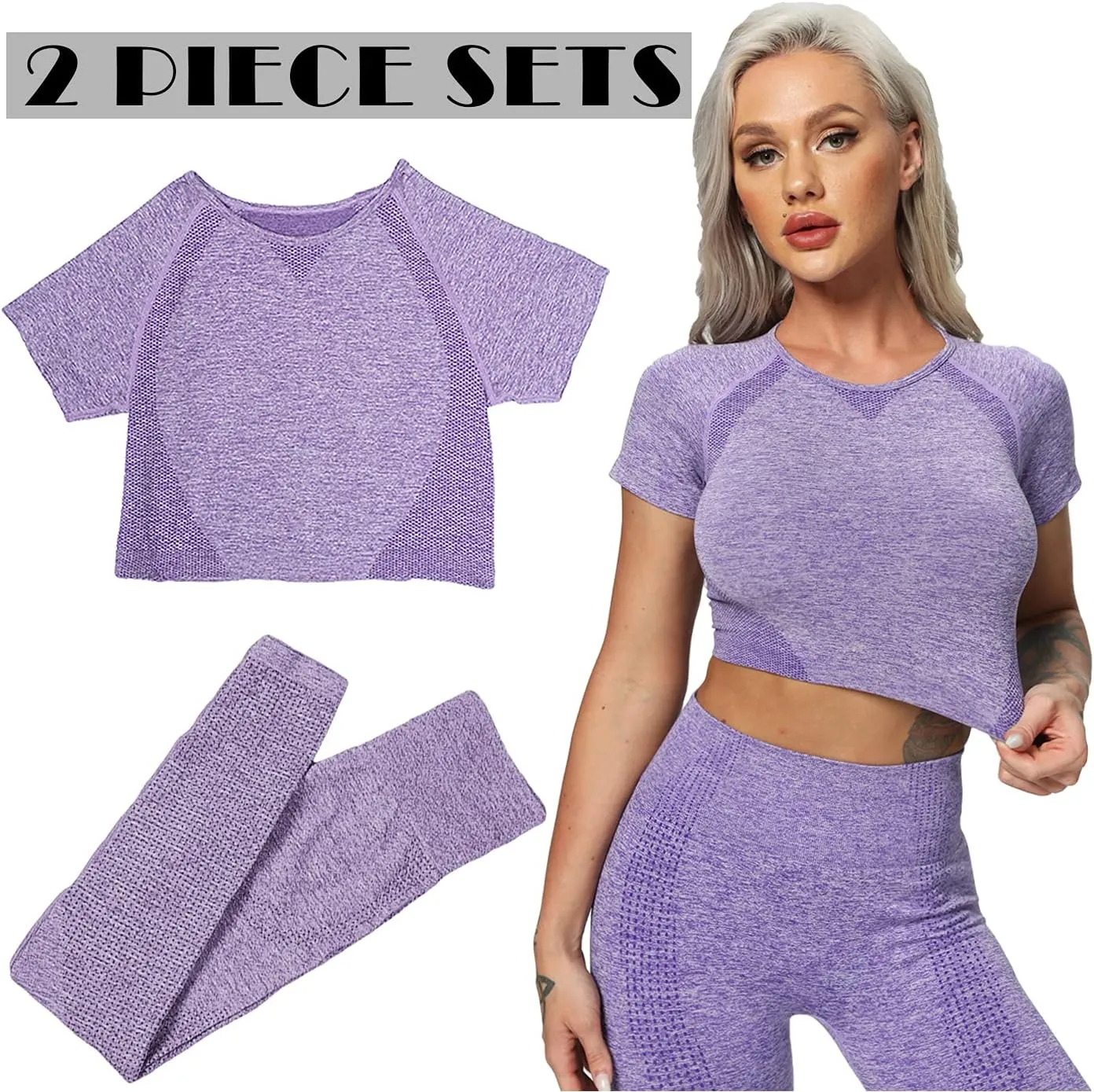 Women's Workout Outfit 2 Pieces Seamless High Waist Yoga Leggings with Long Sleeve Crop Top Gym Clothes Set