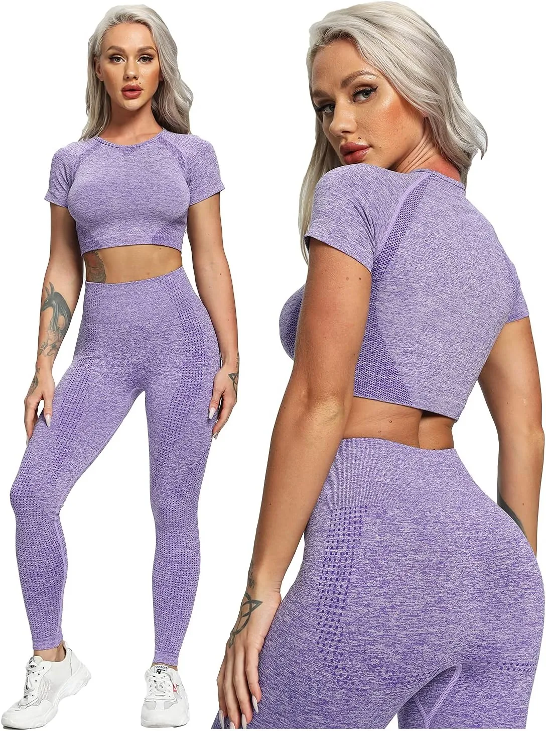 Women's Workout Outfit 2 Pieces Seamless High Waist Yoga Leggings with Long Sleeve Crop Top Gym Clothes Set