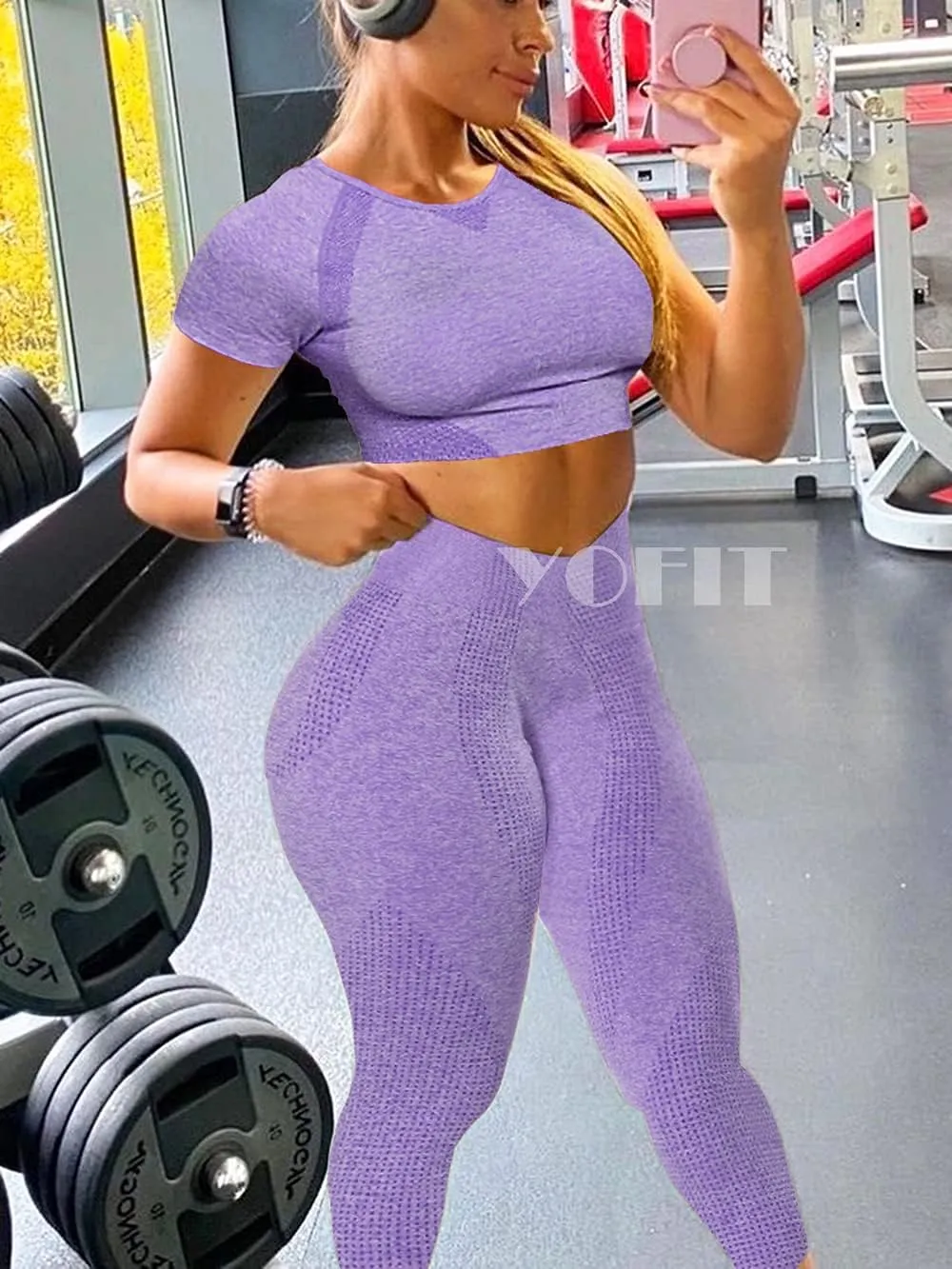 Women's Workout Outfit 2 Pieces Seamless High Waist Yoga Leggings with Long Sleeve Crop Top Gym Clothes Set