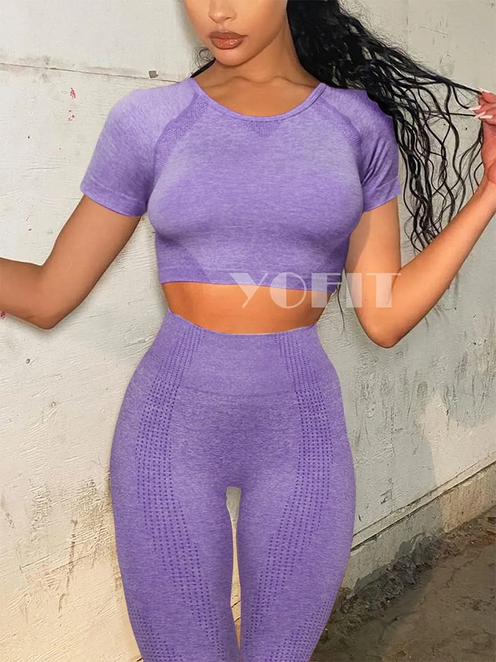 Women's Workout Outfit 2 Pieces Seamless High Waist Yoga Leggings with Long Sleeve Crop Top Gym Clothes Set