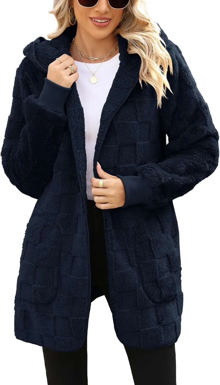 Yanekop Womens Fuzzy Fleece Jacket Open Front Hooded Cardigan Sherpa Outerwear Warm Coats with Pockets