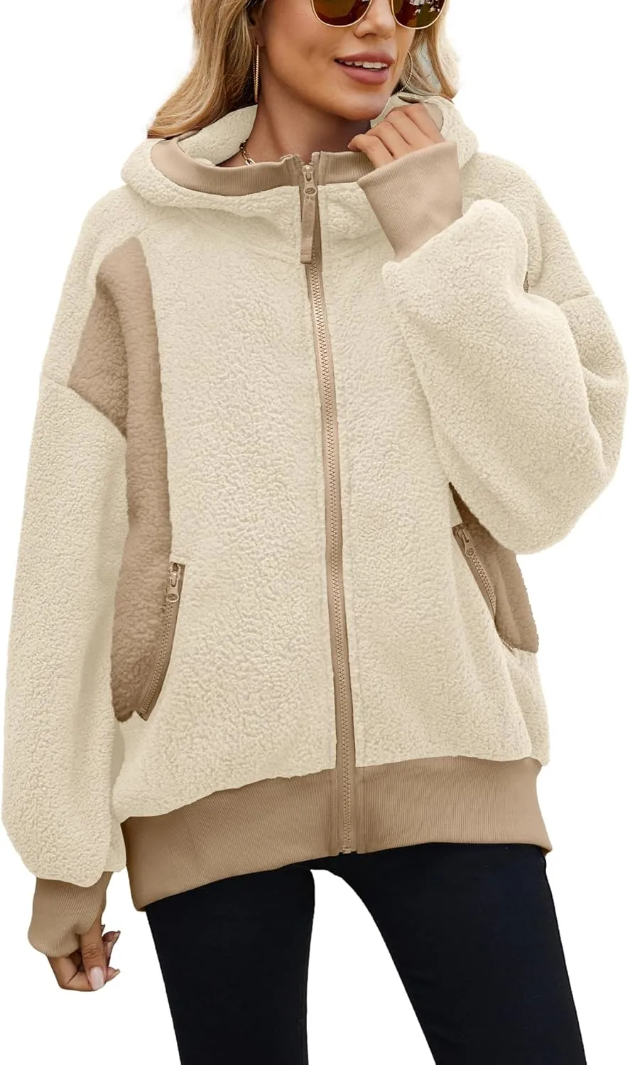 Yanekop Womens Oversized Sherpa Jacket Cozy Color Block Fleece Jacket Fuzzy Zip Up Hoodies Outerwear with Pockets