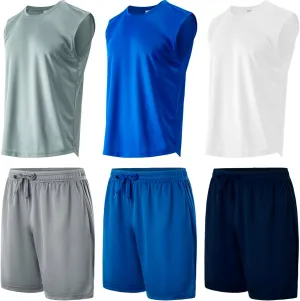 Yasumond Men's Workout Tank Top and Bottom Sets 3 Pack Sleeveless Muscle T-Shirts with 3 Pack Mesh Dry Fit Athletic Shorts for Bodybuilding Gym Active Basketball (SETC M)