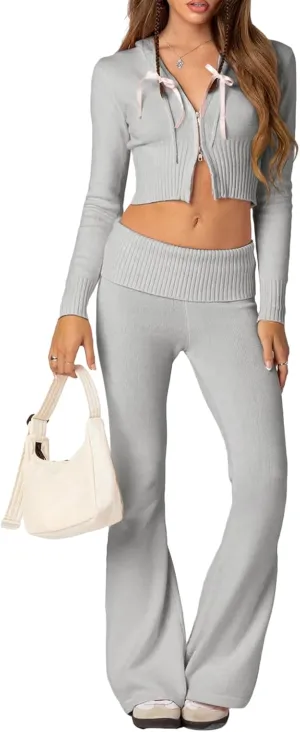 Yoawdats Women Ribbed Knit 2 Piece Outfits Y2K Long Sleeve Zip Up Slim Fit Cropped Hoodie and Bootcut Pants Set Loungewear