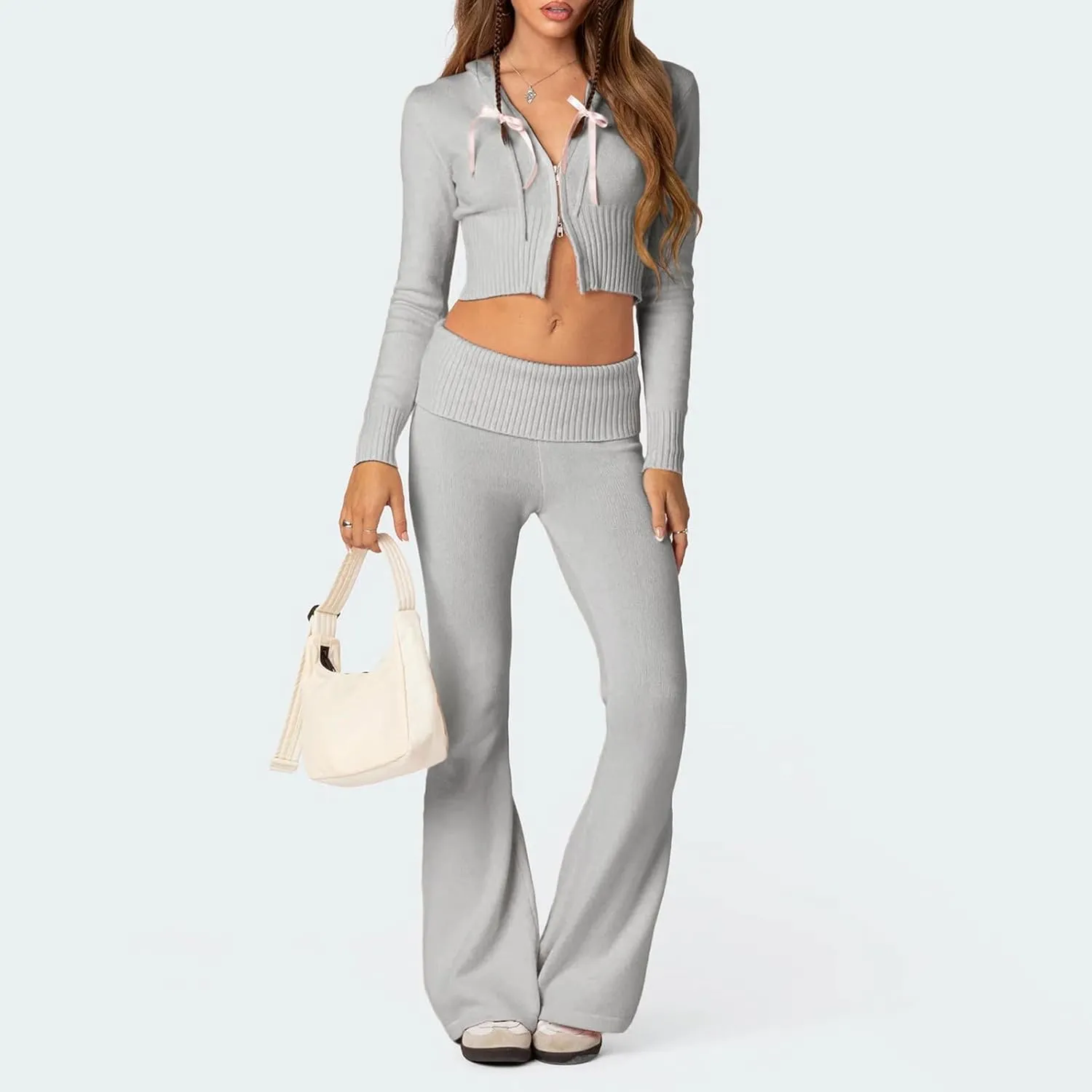Yoawdats Women Ribbed Knit 2 Piece Outfits Y2K Long Sleeve Zip Up Slim Fit Cropped Hoodie and Bootcut Pants Set Loungewear