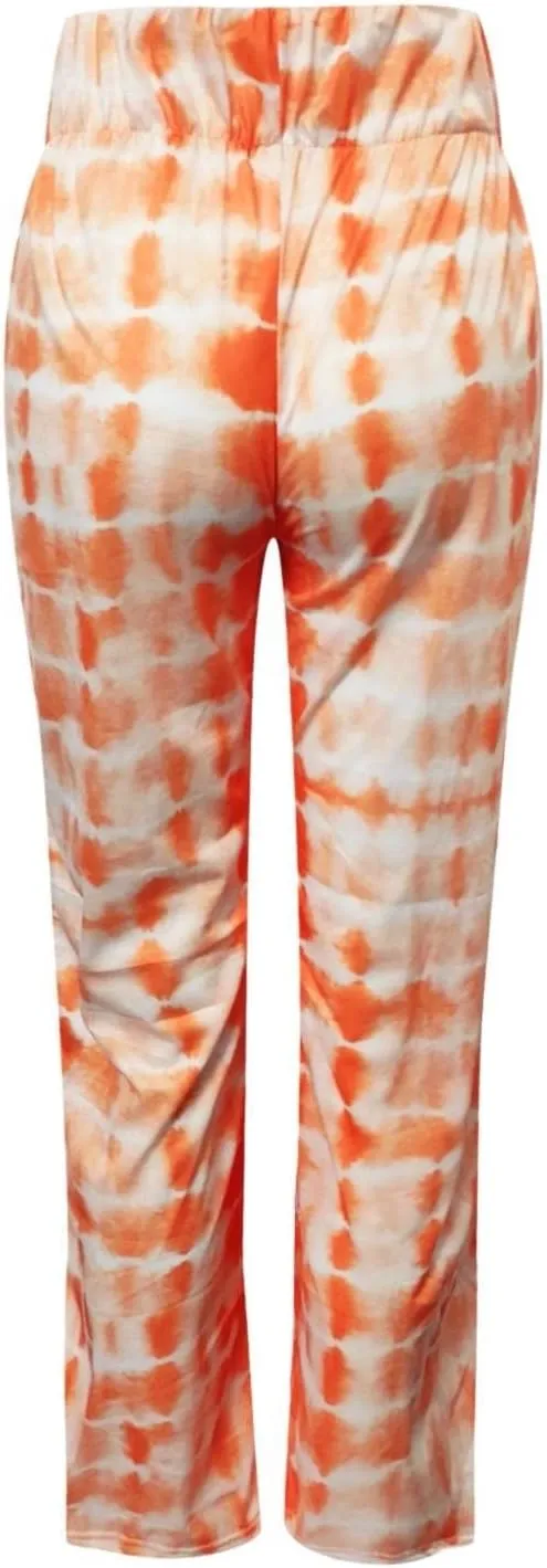 YOLAI Women's Casual Tie-dye Printed Pants High Waist Drawstring Straight Leg Pant Lightweight Trousers with Pockets