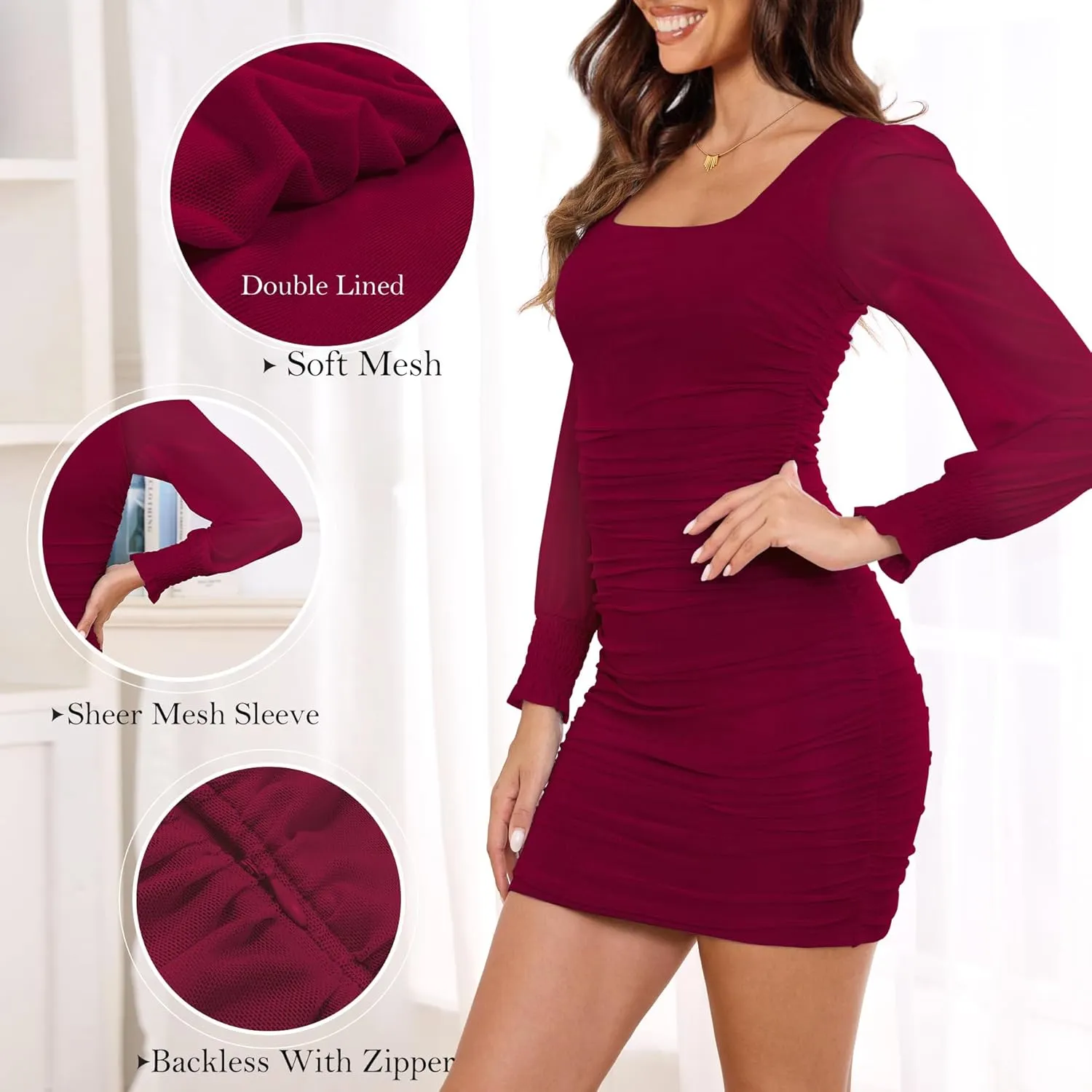 Zattcas Women's 2025 Spring Summer Mesh Long Sleeve Square Neck Ruched Wedding Guest Cocktail Party Club Bodycon Mini Dress