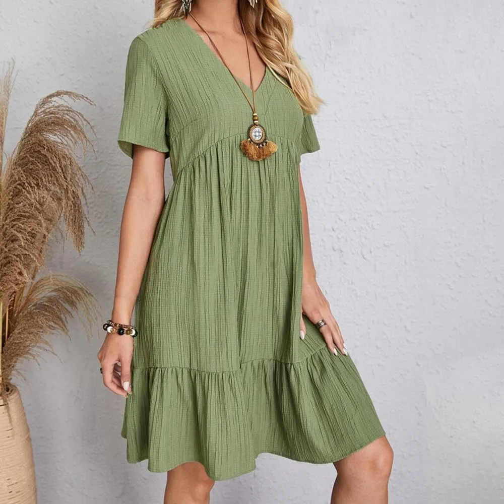 ZOCAVIA Womens Short Sleeve Mini Dress Summer V Neck Tiered Smocked A Line Dress Cute Babydoll Dress Spring Swing Dress