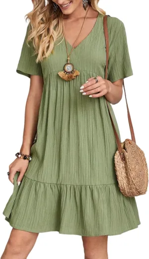 ZOCAVIA Womens Short Sleeve Mini Dress Summer V Neck Tiered Smocked A Line Dress Cute Babydoll Dress Spring Swing Dress