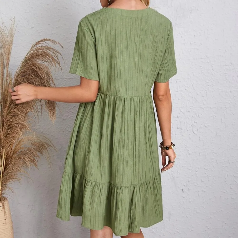 ZOCAVIA Womens Short Sleeve Mini Dress Summer V Neck Tiered Smocked A Line Dress Cute Babydoll Dress Spring Swing Dress